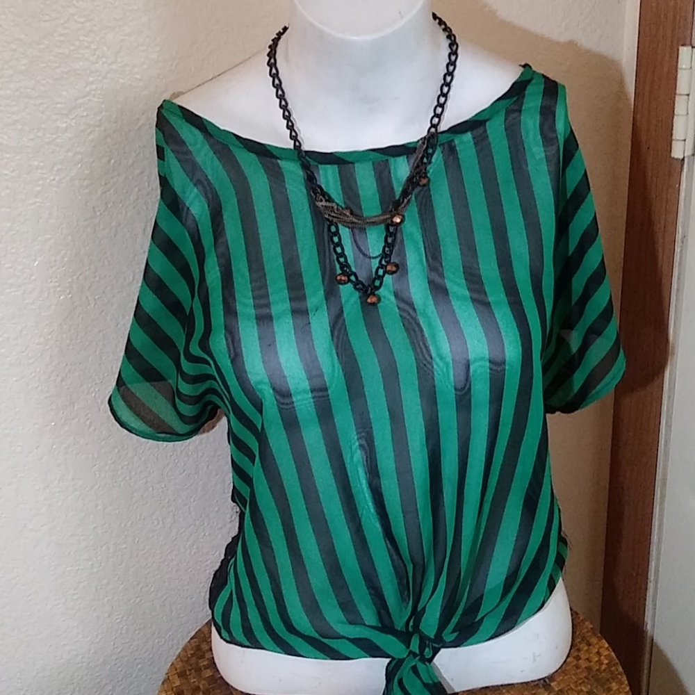 Tie front sheer short sleeved striped blouse